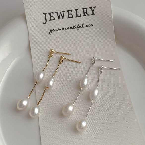 Women's Casual Long Tassel Freshwater Pearl Earrings Copper S925 Silver Needle Geometric Electroplating Design