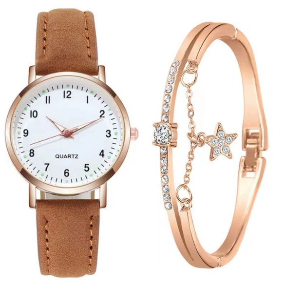 Women's Casual Quartz Watch Alloy Case Imitation Leather Strap Round Dial Frosted Finish