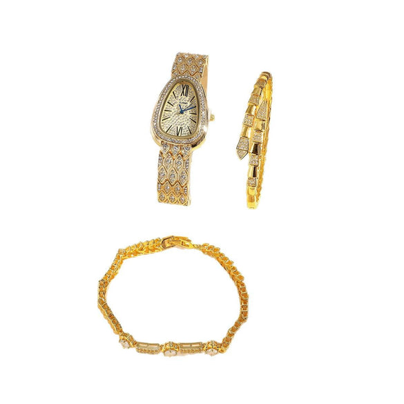 Women's Casual Quartz Watch And Bracelet Set With Snake Head Design Alloy Material Round Dial And Luminous Diamonds