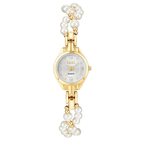 Women's Casual Round Dial Alloy Case Pearl Bracelet Watch With Stainless Steel Jewelry Buckle