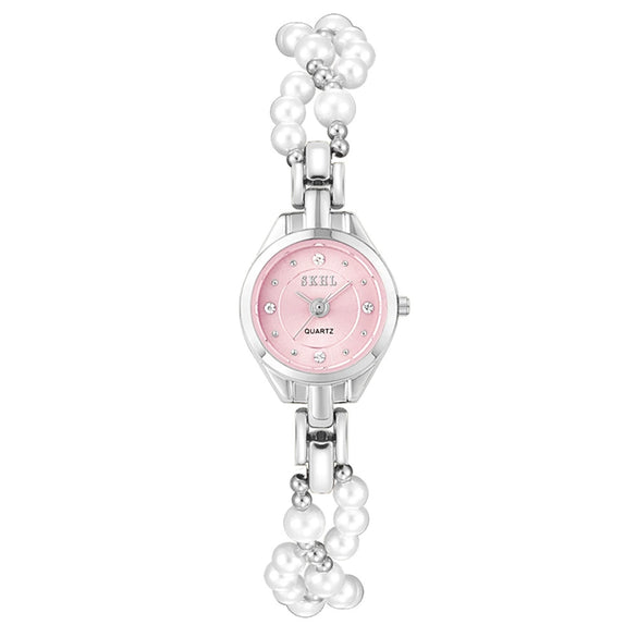 Women's Casual Round Dial Alloy Case Pearl Bracelet Watch With Stainless Steel Jewelry Buckle