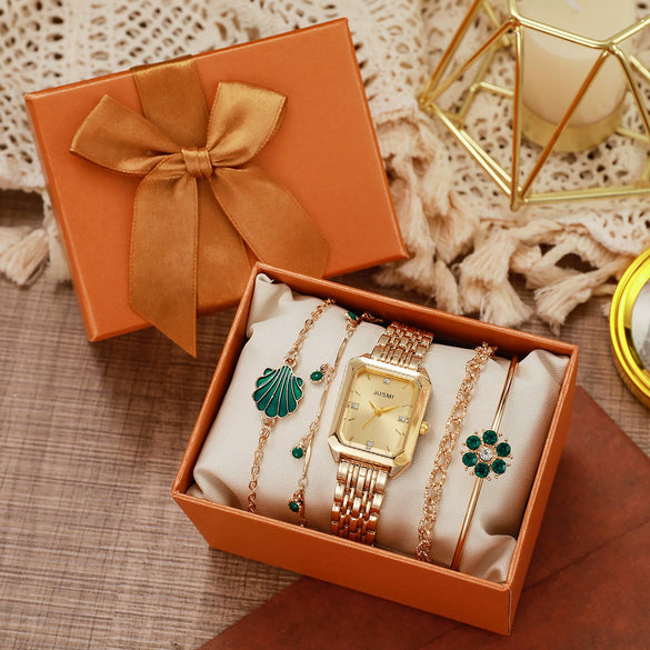 Women's Casual Square And Round Alloy Belt Emerald Quartz Watch And Diamond Flower Bracelet Set