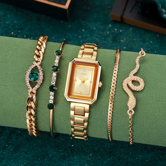 Women's Casual Square Steel Band Watch With Emerald Rhinestone Snake Eye Design Zinc Alloy Case And Alloy Strap