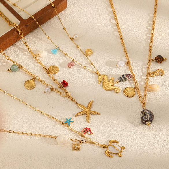 Women's Casual Stainless Steel Necklace With Marine Elements Animal Zodiac Pattern Electroplated Cross Chain