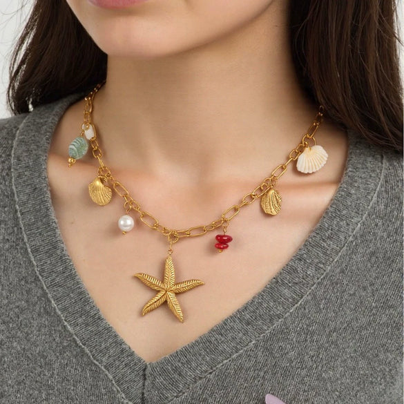 Women's Casual Stainless Steel Necklace With Marine Elements Animal Zodiac Pattern Electroplated Cross Chain