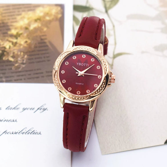 Women's Casual Student Quartz Belt Watch Diamondencrusted Sun Pattern Alloy Buckle Imitation Leather Strap Round Dial