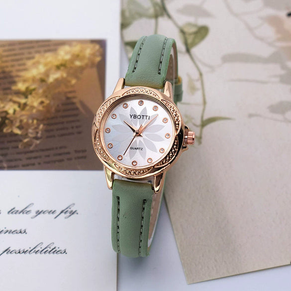 Women's Casual Student Quartz Belt Watch Diamondencrusted Sun Pattern Alloy Buckle Imitation Leather Strap Round Dial