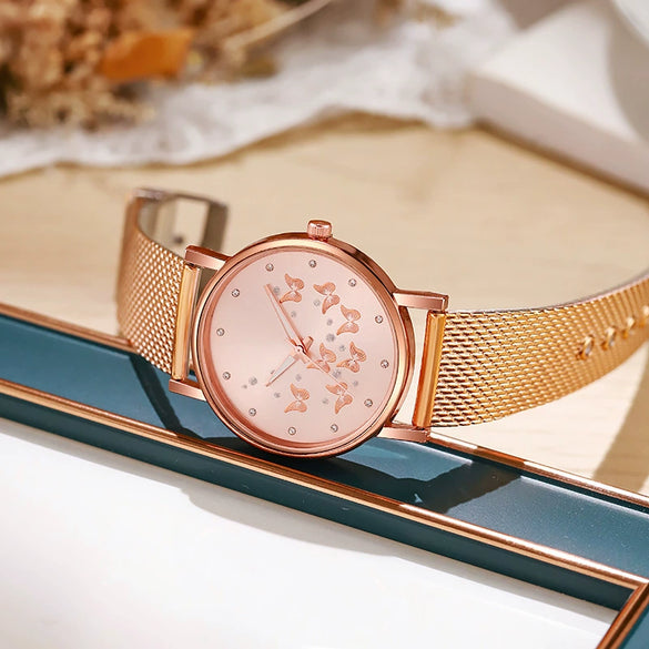 Women's Casual Watch Butterfly Design Round Dial Silicone Band Plastic Case Stainless Steel Buckle