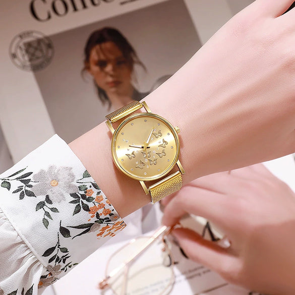 Women's Casual Watch Butterfly Design Round Dial Silicone Band Plastic Case Stainless Steel Buckle