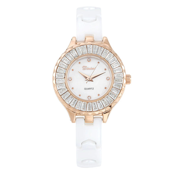 Women's Ceramic Quartz Waterproof Fashionable Round Dial Watch With Spiral Crown And Butterfly Double Snaps Clasp