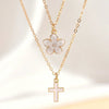 Women's Chic Alloy Cross Pendant Layered Necklace With Cherry Blossom Pattern Geometric O Chain Electroplated Fashion Jewelry