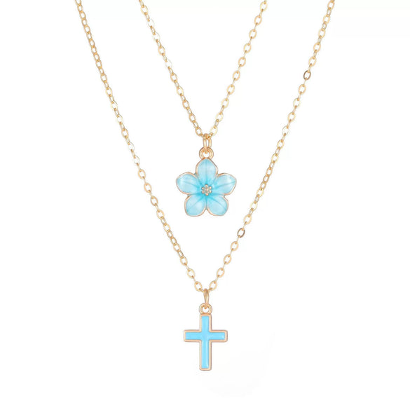 Women's Chic Alloy Cross Pendant Layered Necklace With Cherry Blossom Pattern Geometric O Chain Electroplated Fashion Jewelry