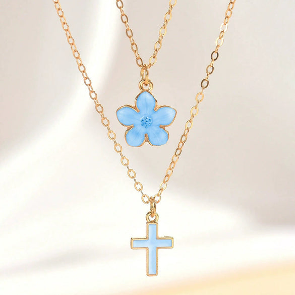 Women's Chic Alloy Cross Pendant Layered Necklace With Cherry Blossom Pattern Geometric O Chain Electroplated Fashion Jewelry
