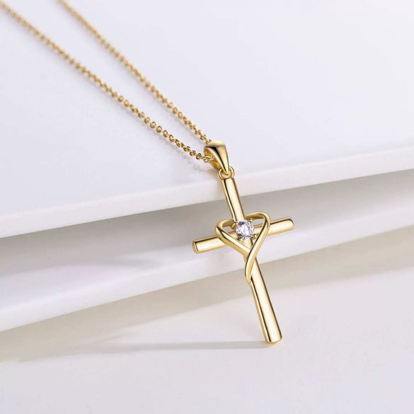 Women's Chic Copper Heart And Cross Necklace With Zircon Electroplated Pendant Elegant Fashion Jewelry