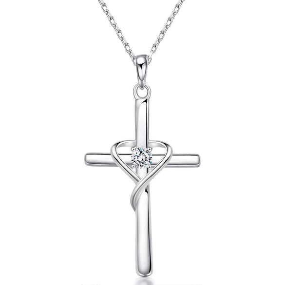 Women's Chic Copper Heart And Cross Necklace With Zircon Electroplated Pendant Elegant Fashion Jewelry