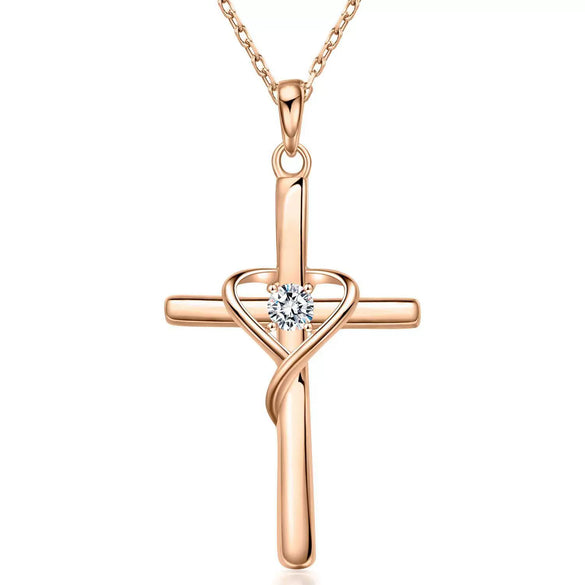 Women's Chic Copper Heart And Cross Necklace With Zircon Electroplated Pendant Elegant Fashion Jewelry