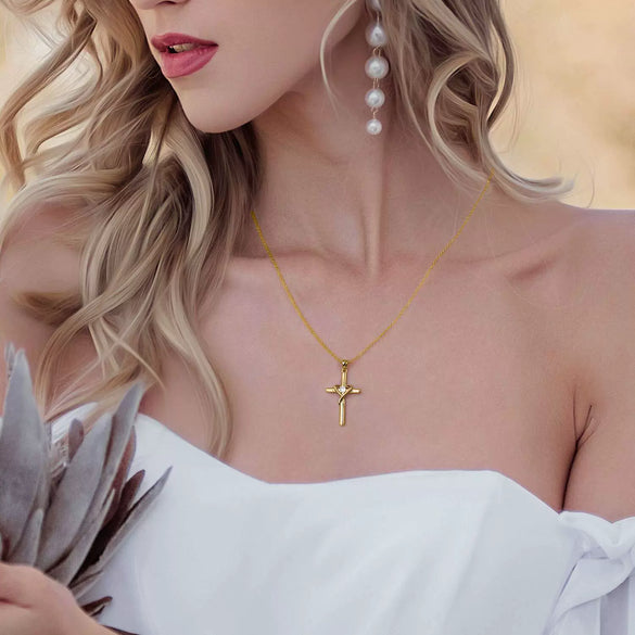 Women's Chic Copper Heart And Cross Necklace With Zircon Electroplated Pendant Elegant Fashion Jewelry
