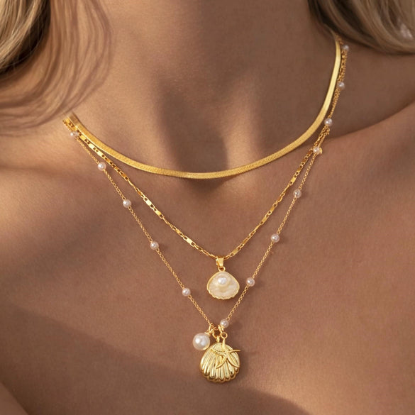 Women's Chic Minimalist Copper Three Piece Necklace Set With Starfish Shell And Pearl Pendant Electroplated Regular Chain Jewelry