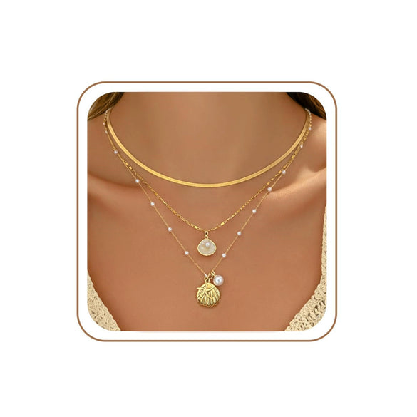 Women's Chic Minimalist Copper Three Piece Necklace Set With Starfish Shell And Pearl Pendant Electroplated Regular Chain Jewelry