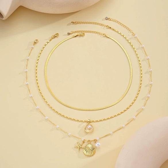 Women's Chic Minimalist Copper Three Piece Necklace Set With Starfish Shell And Pearl Pendant Electroplated Regular Chain Jewelry
