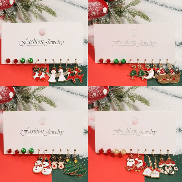 Women’s Christmas Alloy Drop Earrings Set With Santa Claus Christmas Tree Gift Box Elk And Other Festive Motifs Electroplated Design