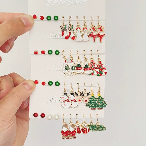Women’s Christmas Alloy Drop Earrings Set With Santa Claus Christmas Tree Gift Box Elk And Other Festive Motifs Electroplated Design