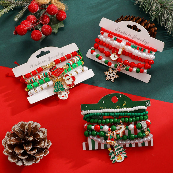 Women's Christmas Beaded Stack Bracelet With Dripping Oil Snowflake Santa Bell Elk And Christmas Tree Charms