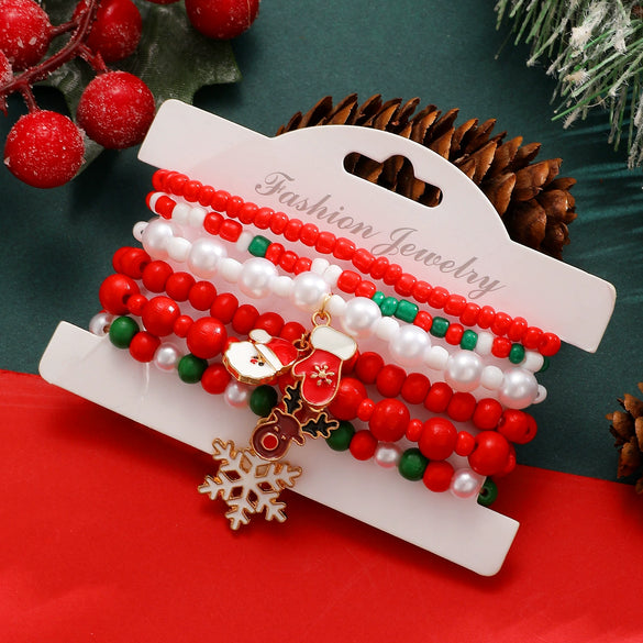 Women's Christmas Beaded Stack Bracelet With Dripping Oil Snowflake Santa Bell Elk And Christmas Tree Charms