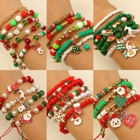 Women's Christmas Beaded Stack Bracelet With Dripping Oil Snowflake Santa Bell Elk And Christmas Tree Charms
