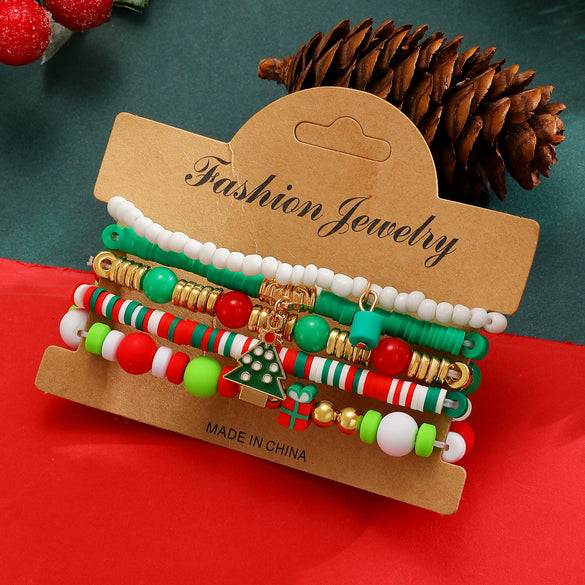 Women's Christmas Beaded Stack Bracelet With Dripping Oil Snowflake Santa Bell Elk And Christmas Tree Charms
