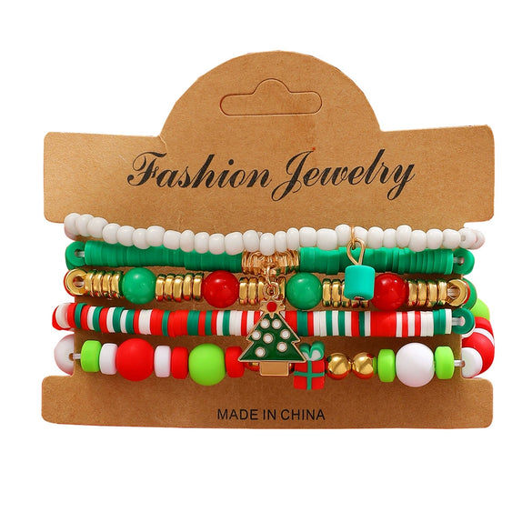 Women's Christmas Beaded Stack Bracelet With Dripping Oil Snowflake Santa Bell Elk And Christmas Tree Charms