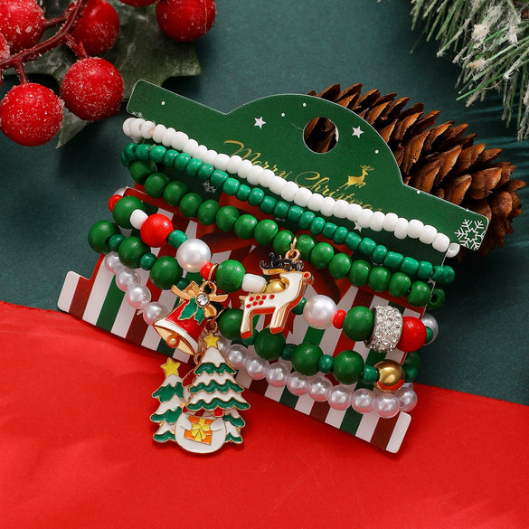 Women's Christmas Beaded Stack Bracelet With Dripping Oil Snowflake Santa Bell Elk And Christmas Tree Charms