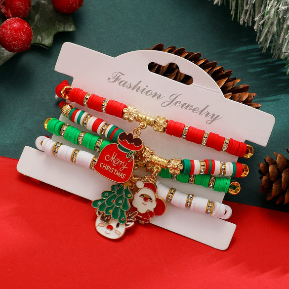 Women's Christmas Beaded Stack Bracelet With Dripping Oil Snowflake Santa Bell Elk And Christmas Tree Charms
