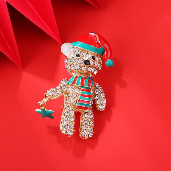 Women's Christmas Bear Brooch Alloy Cartoon Animal Diamonddecorated Decorative Jewelry Gift