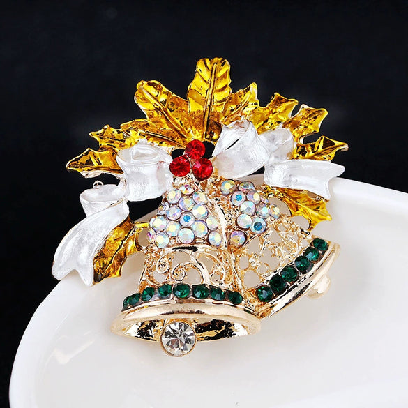 Women's Christmas Bell Brooch Pin With Alloy Setting And Artificial Gemstone Embellishment Decorative Corsage Accessory