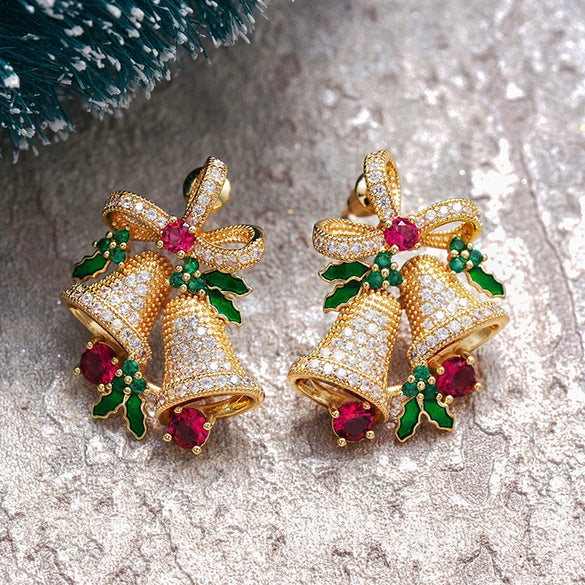 Women's Christmas Bell Earrings With Ribbon Bow And Star Design Copper With Sparkling Synthetic Cubic Zirconia Inlay