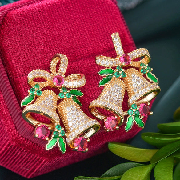 Women's Christmas Bell Earrings With Ribbon Bow And Star Design Copper With Sparkling Synthetic Cubic Zirconia Inlay