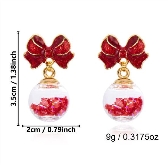 Women's Christmas Bow And Snowflake Bell Dangle Earrings With Transparent Quicksand Ball Design Alloy Electroplated Holiday Jewelry