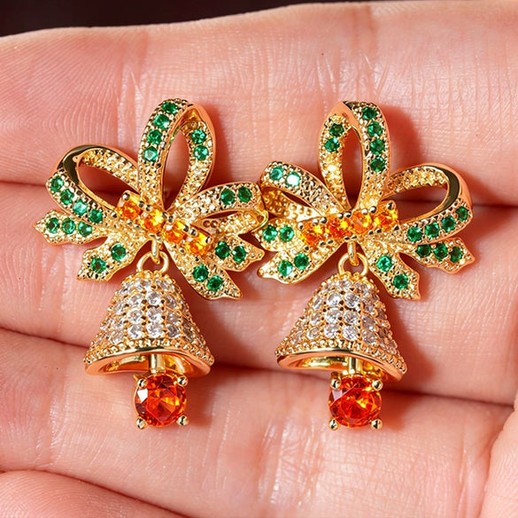 Women's Christmas Bow Earrings With Sparkling Synthetic 3D Zirconia Movable Festive Copper Jewelry