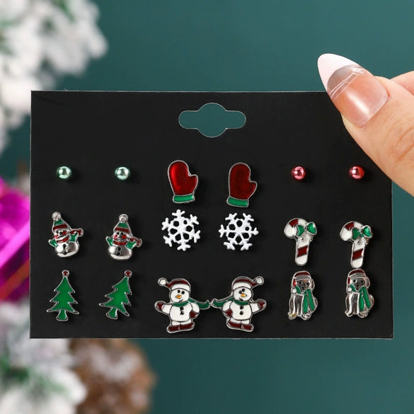 Women's Christmas Cartoon Character Earrings Set With Zinc Alloy Snowman And Christmas Tree Designs Stainless Steel Posts And Electroplated Finish