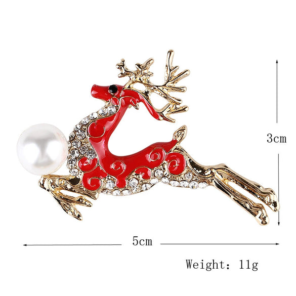 Women's Christmas Deer Brooch Pin With Enamel Rhinestones And Pearl Accents Electroplated Alloy Jewelry