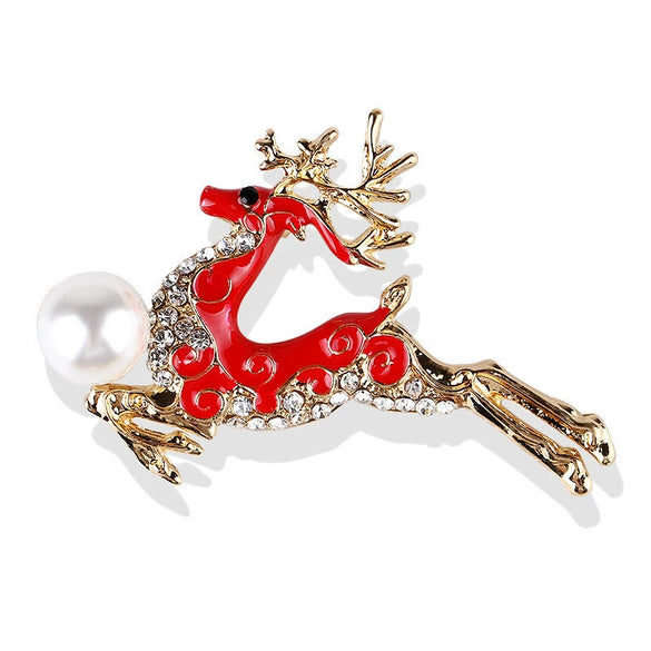 Women's Christmas Deer Brooch Pin With Enamel Rhinestones And Pearl Accents Electroplated Alloy Jewelry