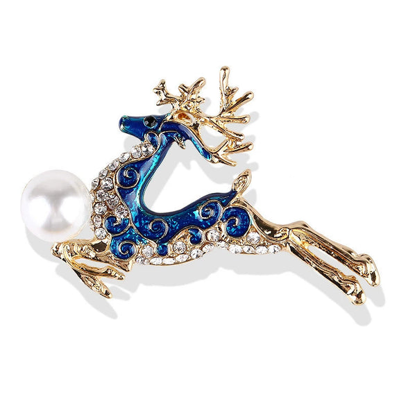 Women's Christmas Deer Brooch Pin With Enamel Rhinestones And Pearl Accents Electroplated Alloy Jewelry