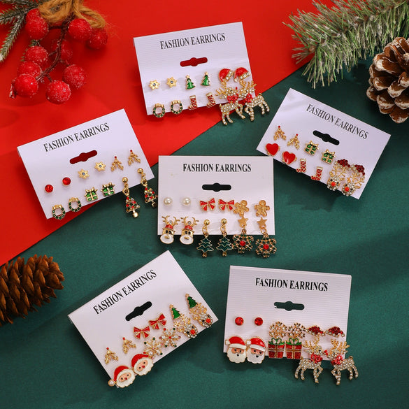 Women's Christmas Earrings Set With Santa Claus Snowflake Christmas Tree And Elk Designs Rhinestone Geometric Zinc Alloy Earrings