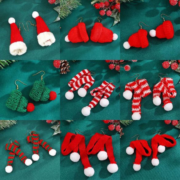 Women's Christmas Earrings With Mini Knitted Hat And Scarf Charms Geometric Festive Fabric Design Handknitted Holiday Jewelry