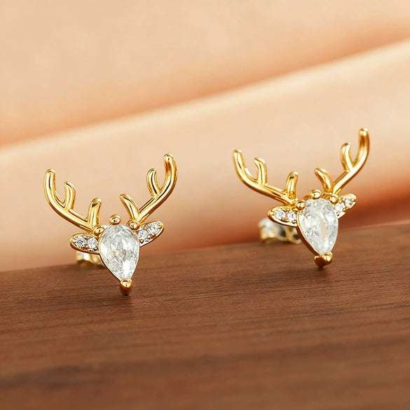 Women's Christmas Elk Drop Earrings With Antler Design Copper Construction And Microencrusted Zircon Detailing