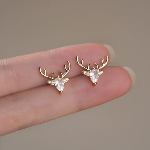 Women's Christmas Elk Drop Earrings With Antler Design Copper Construction And Microencrusted Zircon Detailing