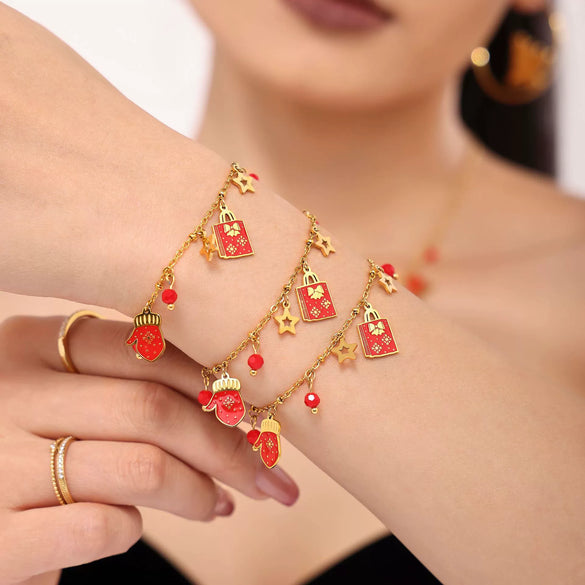 Women's Christmas Enamel Glaze Pendant Necklace And Bracelet Set Goldplated Stainless Steel Light Luxury Jewelry