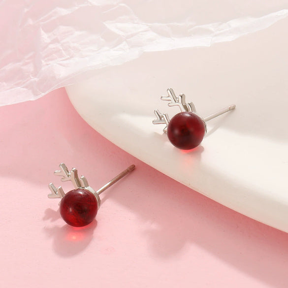 Women's Christmas Fawn Earrings Elegant Alloy Antler Design With Wine Red Elk Motif And Electroplated Festive Style