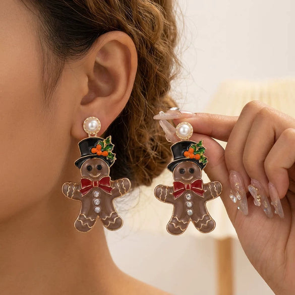 Women's Christmas Gingerbread Man Drop Earrings With Top Hat Design Cute Electroplated Alloy Pendant And Stainless Steel Ear Needles